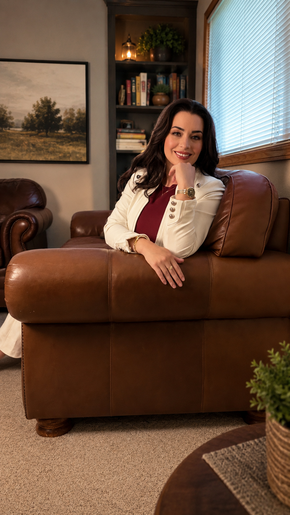 Sherice Pagel seated on a leather sofa in a warm study
